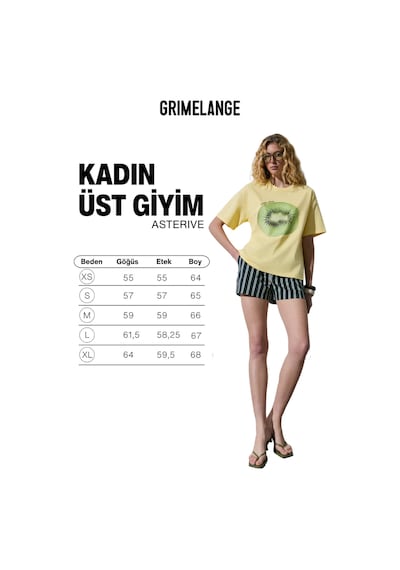 Grımelange Asterıve Kadın Organik Pamuklu Baskılı Bisiklet Yaka Oversıze Sarı T-shirt Sarı