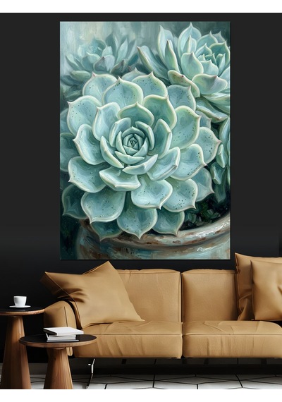 Echeveria Sukulent Mavi Yeşil Yaprak Dekoratif Kanvas - Mdf Ahşap Tablo