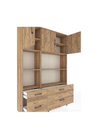 Arges Dolap 8 Raflı 4 Çekmeceli 3 Kapaklı 132x30x195 Çam-çam/çam Çam
