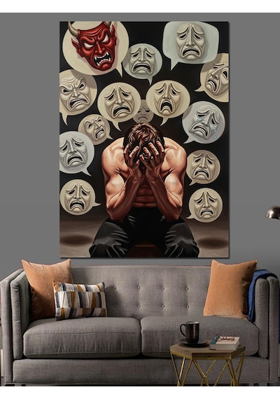 Ahşap Tablo Üzgün Yüz Ve Seytan Emojileri İçindeki Adam