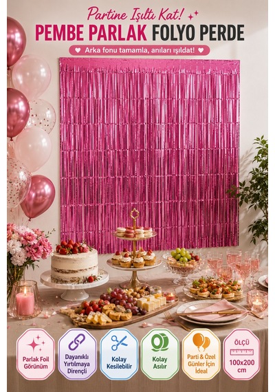 Pembe Folyo Parti Perdesi 100x200 Cm Doğum Günü Baby Shower Arka Fon Süs Dekoru
