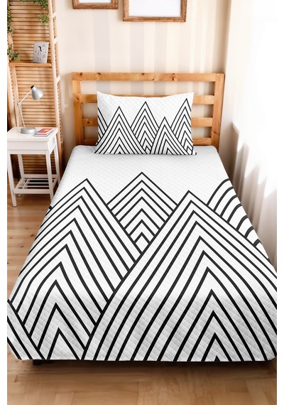 Siyah Geometrik Genç Odası Tek Kişilik Pike Takımı - Modern Çizgili 160x220 Cm Kapitone Yatak Örtüsü Mumlu Başak Masalı