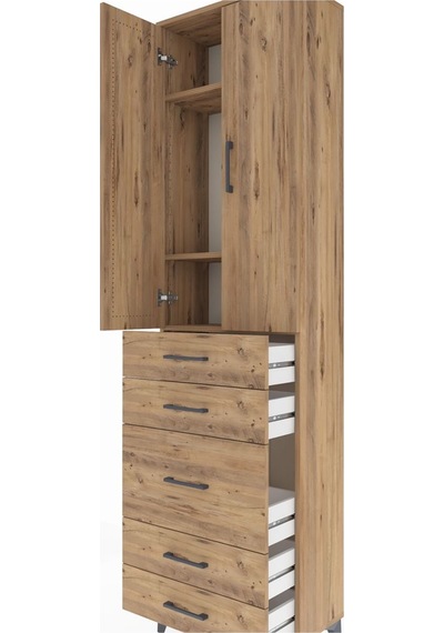 Arges Dolap 3 Raflı 5 Çekmeceli 2 Kapaklı 60x30x221 Çam-çam Çam