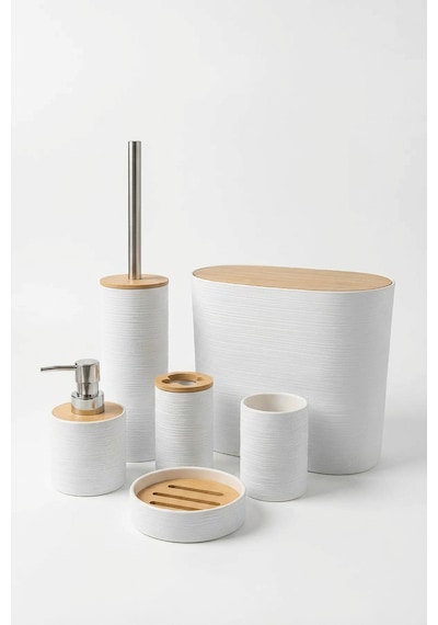 Makri Home 6 Parça Bambu Kapaklı Banyo Seti, Beyaz, Oval, Hacim: 8 Litre