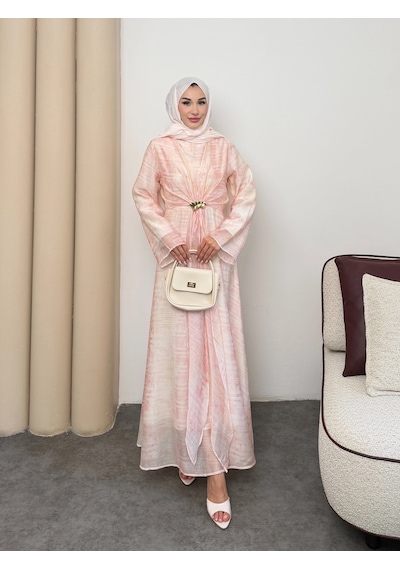 Mihran Butik Silk Model Kemerli Bilek Büzgü Desen Detaylı Kadın Elbise Pudra