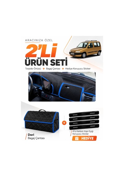 E-biz Cıtroen Berlingo M49 1996-2001 Uyumlu Torpido Örtüsü + Deri Çanta - Siyah-mavi - Cı002