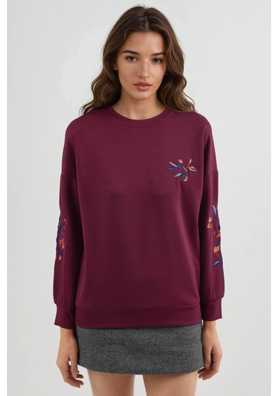 Hiccup Modal Dokulu İşlemeli Bisiklet Yaka Sweatshirt Berşan Collection Bordo Kırmızı