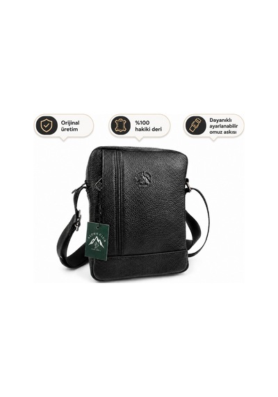 Alphaclub Bag Erkek Siyah Hakiki Deri Postacı El Ve Omuz Çantası Orta Boy
