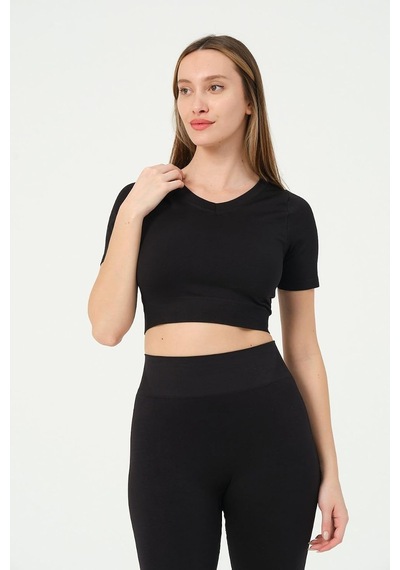 Kadın V Yaka Kısa Kollu Dikişsiz Esnek T-shirt Crop Top Siyah-l Altın - Beyaz