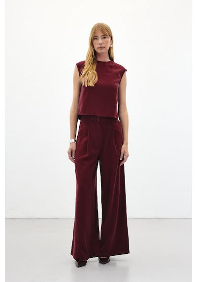 Sateen Geniş Paça Pantolon - Bordo-136450 Bordo