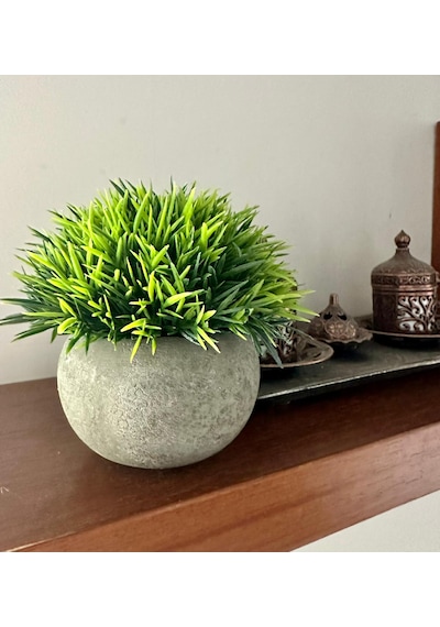 Premium Yapay Çim Topu Gri Saksıda Dekoratif Masa Üstü Çiçeği Yeşil