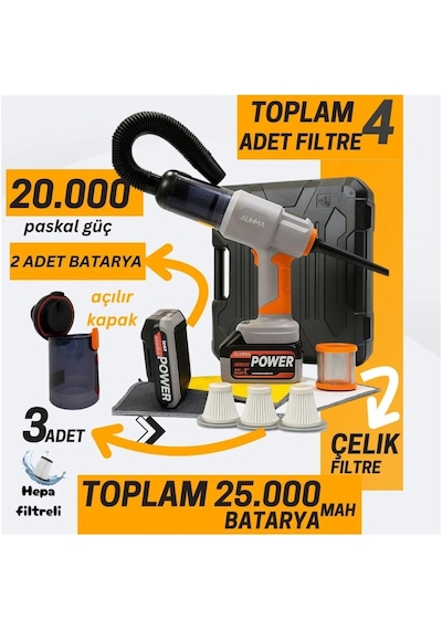 Miaxtreme 25,000mah Güçlü Emme+üfleme 20.000pa Yedek Batarya+filtre Argonomik Kullanışlı Araç Içi Süpürge