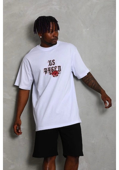 Unisex Oversize Baskılı Bisiklet Yaka T-shirt - Beyaz