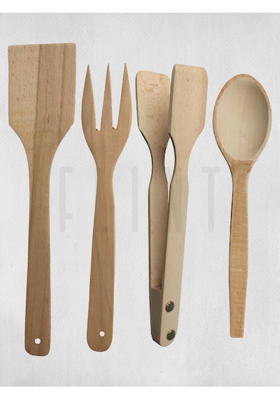 Gürgen Set Ahşap Tahta Kaşık Çatal Spatula Maşa 4'lü Set Yemek Servis Seti Mutfak Seti