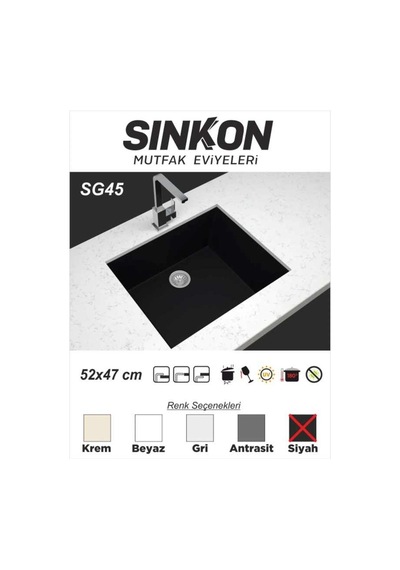 Sinkon Siyah Granit Eviye 52 x 47 - Sg45 - Sinkon