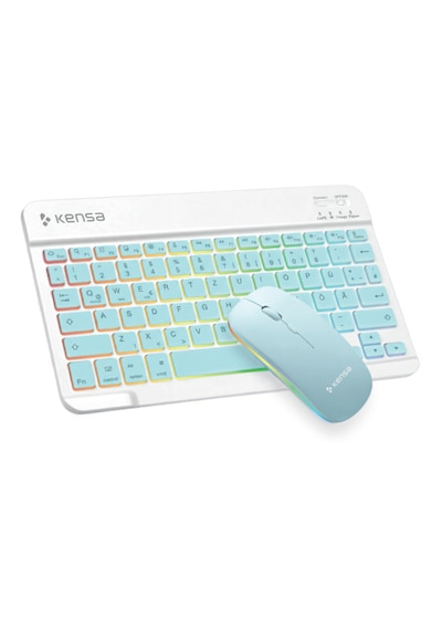 Tablet Ve Bilgisayar İçin Rgb Led Işıklı Taşınabilir Kablosuz Bluetooth Klavye Ve Dongle'lı Mouse Seti Mavi