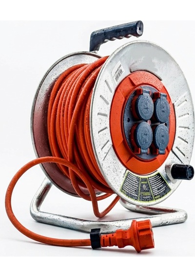 Klc Seyyar Makaralı Kablo Kapaklı 4 Prizli Metal Uzatma Kablosu 3x1.5 Mm Cca Kablo 35 Metre. 35 M