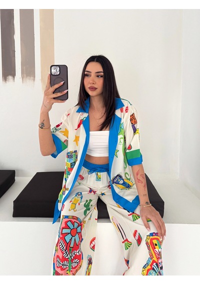 Asprin Fashion Egzotıc Baskılı Gömlek Pantolon Tkım Mavi