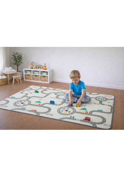 Pureza Çift Taraflı Rulo Oyun Matı 200CMX140CMX1CM Kaymaz, Darbe Emici, Su Geçirmez, Yeşil Parkur/Araba Yarışı | (Yerli Üretim)