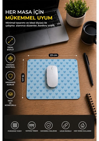 Mavi Renkli Kalpli Desenli Ergonomik Mouse Pad, Kaymaz Yüzey İle Ev Ve Ofis Kullanımı İçin İdeal