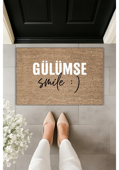 Rugmood Modern Dijital Baskı - Gülümse, Smile : - Kapı Önü Paspası Kahverengi