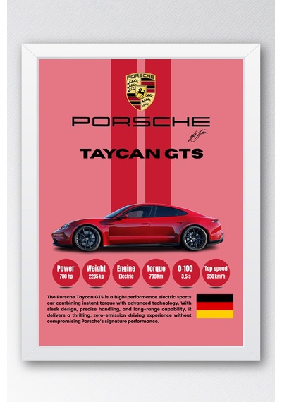 Porsche Taycan Gts Premium Elektrikli Spor Araba Tablosu - Teknik Özellikli Otomobil Duvar Dekoru Beyaz Porsche Taycan Gts Premium Elektrikli Spor Araba Tablosu - Teknik Özellikli Otomobil Duvar Dekoru Beyaz