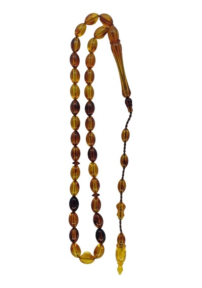 Oftenadmire Kehribar Renk Tesbih, Sistemli Püskül 33'lü Arpa Model, Akrilik Malzeme, 7x11mm Boncuk