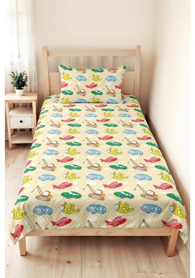 Evimde Bambaşka Ulaşım Temalı Sarı Erkek Çocuk Pike Takımı - Çizgi Araçlı Krem Bebek Odası Yatak Örtüsü - 160x220  CM