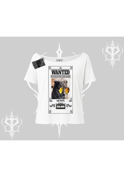 Tarzsokak Wanted Temalı Kedi Baskılı Kayık Yaka Tshirt Beyaz