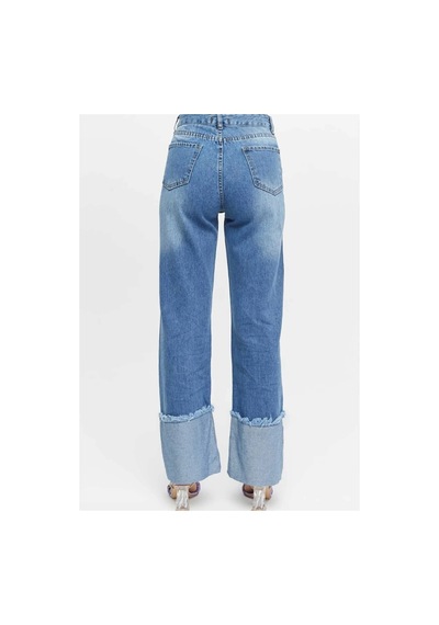 Kene Jeans Yüksek Bel Mavi İşlemli Ters Paça Püskül Detaylı Kot Jeans Mavi İşlemli