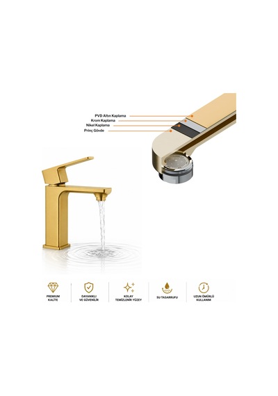 Adell Bloc Lavabo Bataryası Mat Altın Fırçalı Brushed Gold Modern Lavabo Musluğu 159401018