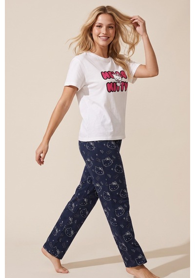 Siyah İnci Hello Kitty Lisanslı %100 Pembe Çok Renkli Bisklet Yaka Pijama Takım 26120461 Ekru
