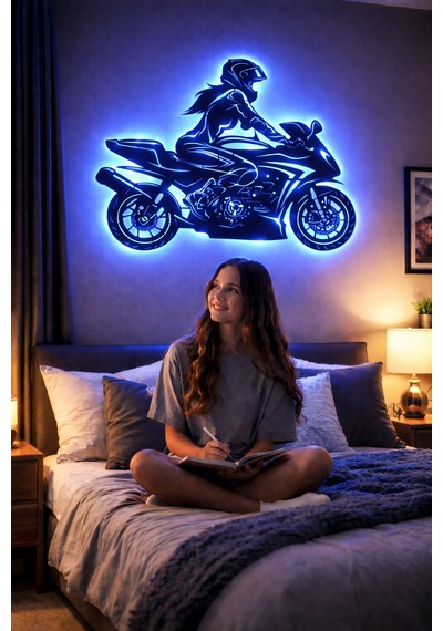 Lucenda Led Işıklı Kadın Motorcu Silüet Tablo Modern Motosiklet Duvar Dekoru Mavi - 865124191 Mavi
