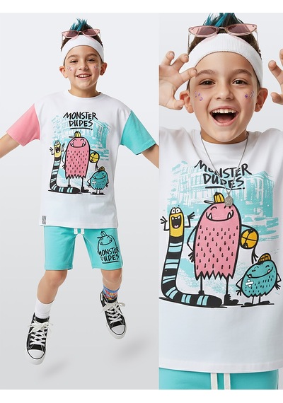 Denokids Monster Dudes Erkek Çocuk T-shirt Şort Takım Çok Renkli