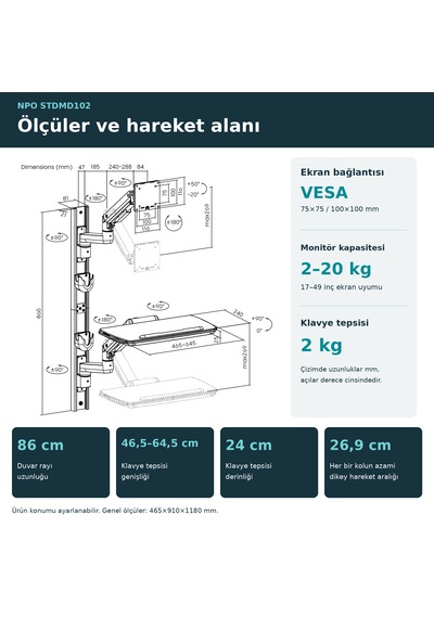 Npo Stdmd102 Ağır Hizmet Tipi Medikal/depo/market Duvara Monte Ayarlı Çalışma İstasyonu Npo Stdmd102 Ağır Hizmet Tipi Medikal/depo/market Duvara Monte Ayarlı Çalışma İstasyonu