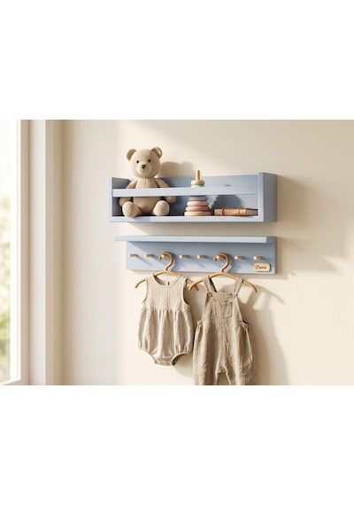 50 CM İkili Montessori Ahşap 50x10 Cm Duvar Rafı, İsme Özel Çocuk Odası Kitaplık Ve Askılık, Dekoratif Duvar Rafı, İkili Montessori Ahşap Çocuk Rafı. Mavi