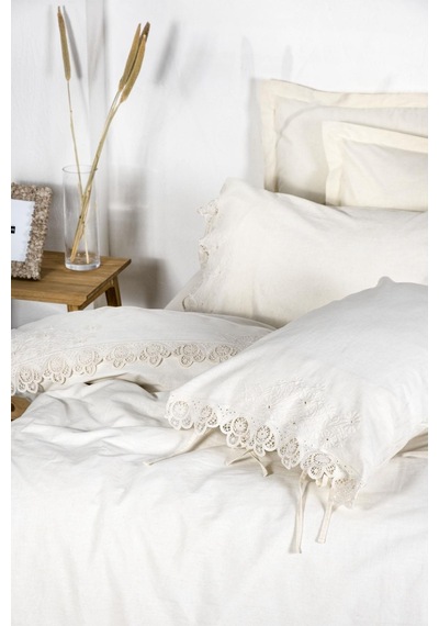 Ecocotton Amanda Çift Kişilik Nevresim Takımı %100 Organik Pamuk Keten Dantelli Krem 200x220 Cm-1473 Krem