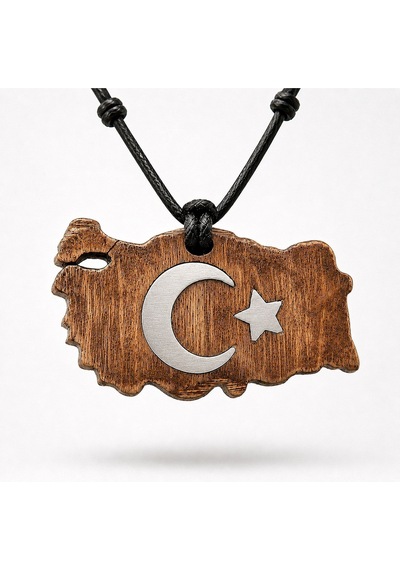 Ay Yıldızlı Türkiye Haritası Çift Taraflı Eskitme Ahşap Metal Kolye - Unisex Çok Renkli