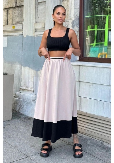 WeShaya Kadın Bej & Siyah Color Block Desen,beli Şerit Lastikli, Rahat Kalıp, Cepli Uzun Etek Bej WeShaya Kadın Bej & Siyah Color Block Desen,beli Şerit Lastikli, Rahat Kalıp, Cepli Uzun Etek Bej