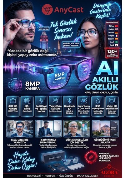 Anycast Ai Yapay Zeka Destekli Kameralı Akıllı Gözlük, 130+ Dil Gerçek Zamanlı Çeviri, 8mp Kamera, 1080p Video, Yapay Zeka Asistanı Bluetooth 5.4 Ipx5
