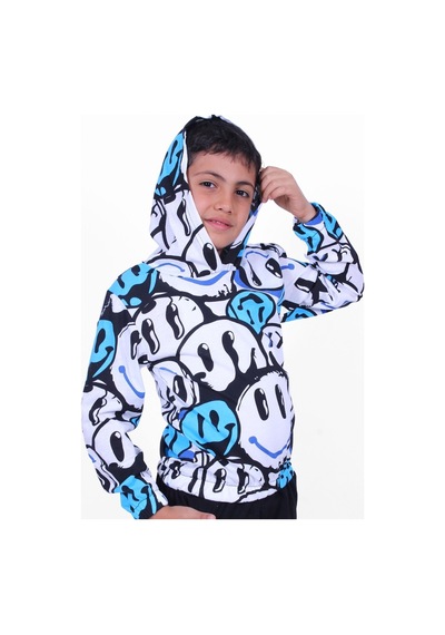 Panios Kids Mavi Emoji Desenli Kapüşonlu Unisex 2 Iplik Sweatshirt Mavi
