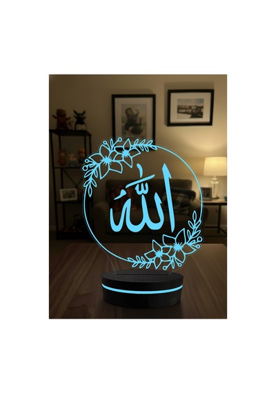 Allah Ve Vav Temalı 3d Dekoratif Led Gece Lambası - Çiçekli Modern Hat Sanatı - İslami Hediye