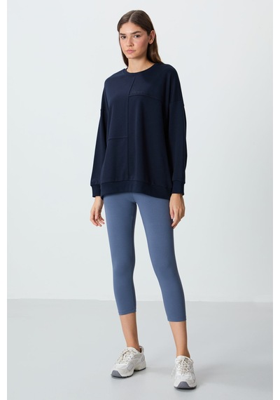Tommy Life İndigo Kompakt Pamuklu Kalın Pürüzsüz Dokulu O Yaka Oversize Fit Kadın Sweatshirt - 97288 İndigo