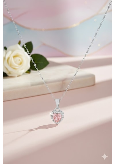 Pembe Kalp Taşlı Kadın Kolye - Zirkon Çerçeveli Şık Bijuteri Kolye Pembe