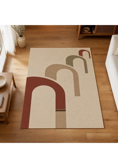Kartela Halı Yankı Kemer Desenli Modern Halı Bej Kaymaz Taban Makinede Yıkanabilir 120x180 Cm