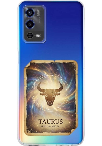 Oppo A55 İle Uyumlu Burç Kartları Boğa Tasarımlı Şeffaf Silikon Kılıf Şeffaf