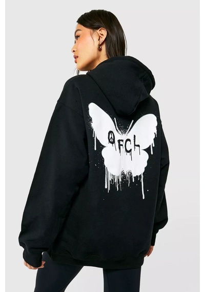 Siyah Butterfly Oversize Sweatshirt - Baskılı Oversize Kapüşonlu Siyah