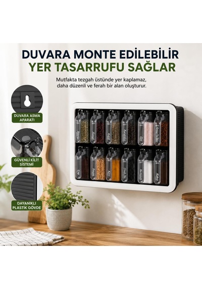 Kendinden Yapışkanlı Baharatlık Seti, 12'li, Kaşıklı Kapaklı,etik Siyah