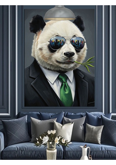 Şık Takım Elbiseli Panda Dekoratif Kanvas - Mdf Ahşap Tablo