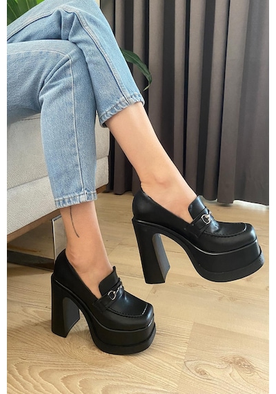 Preshley Kadın Clara İnce Tokalı Lofer Model 12 Cm Platform Topuklu Ayakkabı-siyah Siyah